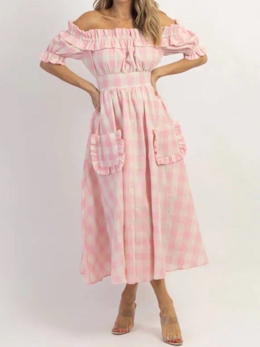 Mable Dreamstate Pink Gingham  Dress Size M Ruffle Pockets On Or Off Shoulder